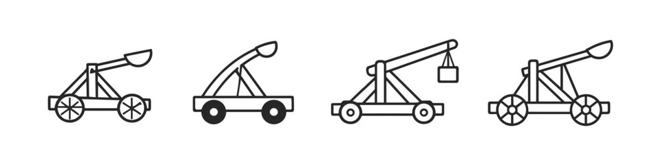 Fototapeta premium Collection of four different siege weapon catapult icons in a line art style