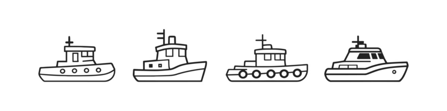 Different styles of tugboats in a clean line art design