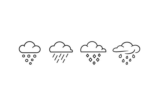 Set of simple line art icons representing different types of precipitation from clouds
