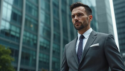Fototapeta premium Man in smart grey suit stands in front of modern office building. He looks away with serious expression. Professional businessman ready for work.