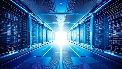 Obraz premium A perspective view of a futuristic server room with rows of racks, bathed in cool blue light, leading to a bright white opening