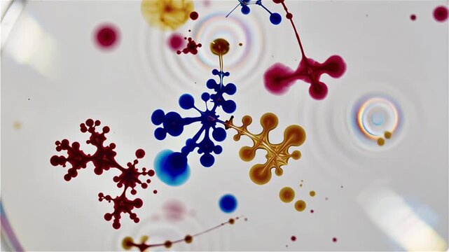 Various colorful ink drops spread and mix in intricate patterns across a clear liquid surface, creating a dynamic abstract display.