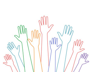 Fototapeta premium Multicolor line diverse hands raised up. Hand volunteer concept.