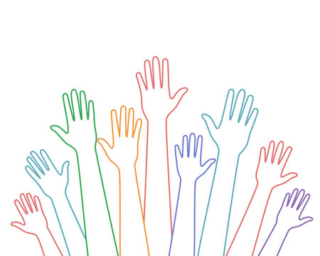 Multicolor line diverse hands raised up. Hand volunteer concept.