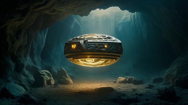 Alien Futuristic Pod Hovering Inside Mysterious Cave Chamber