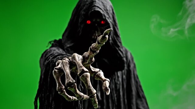 Grim Reaper with glowing red eyes reaching out on green screen.