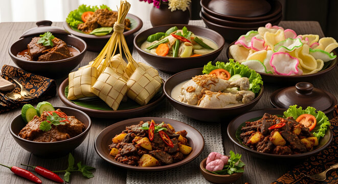 A vibrant display of Indonesian celebration food featuring ketupat and spicy side dishes served on a rustic dining table.