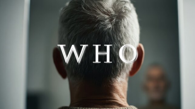 The back of an older man's head faces a mirror with "WHO" text.