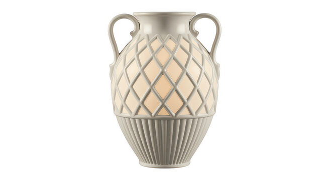 White ceramic vase with diamond pattern and handles isolated on a transparent background