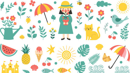 Fototapeta premium Summer Vibes Illustration Set Featuring Flowers, Sun, Ice Cream, Beach Elements, and Cute Characters for Seasonal Designs