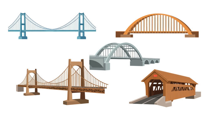 Collection of Diverse Bridge Designs: Suspension, Arch, Truss, Covered Wooden Bridge