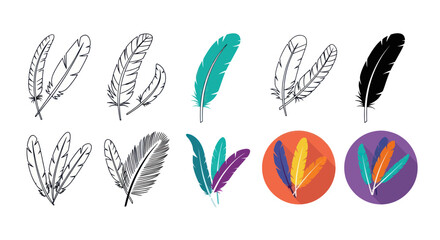 Fototapeta premium Set of Stylized Feathers: Line Art, Silhouette, and Colorful Icons