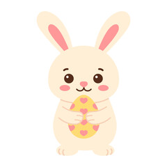 Obraz premium Cute Easter bunny holding decorated egg isolated on white background. Simple adorable pastel illustration for spring holiday, kids design, greeting cards and decorations. Flat vector. Hand drawn.
