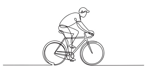 Fototapeta premium Young female cyclist in action, One continuous line drawing young sporty woman bicycle racer pedaling her bike so fast. Isolated on transparent background
