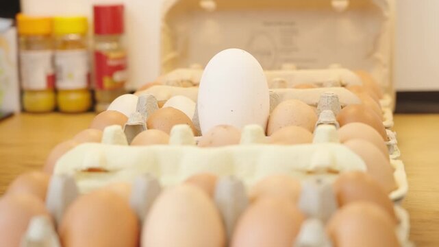 Long shot of a egg box in kitchen with a single large egg standing out