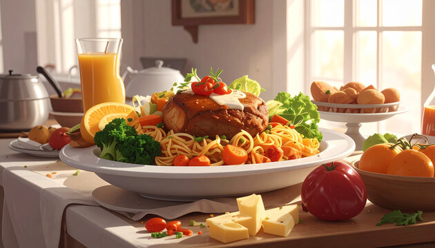 Delicious food spread on a table with pasta, vegetables, and fruits in a bright kitchen