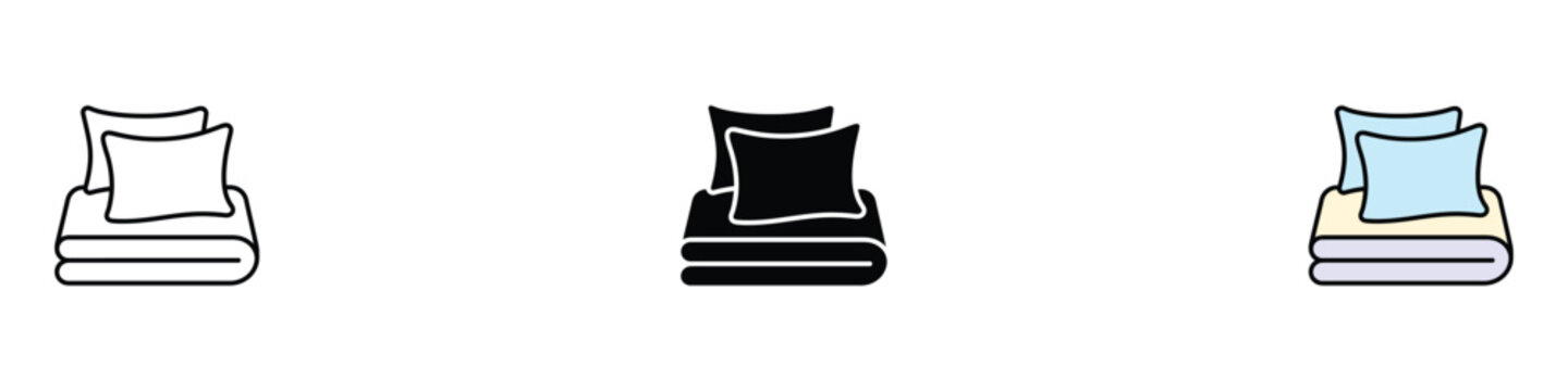 Folded blankets and pillows icon set. Comfortable bedding and home textile symbol. Vector Illustration.