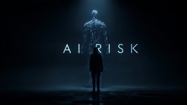 A silhouette stands before a data-formed being, representing 'AI RISK'.