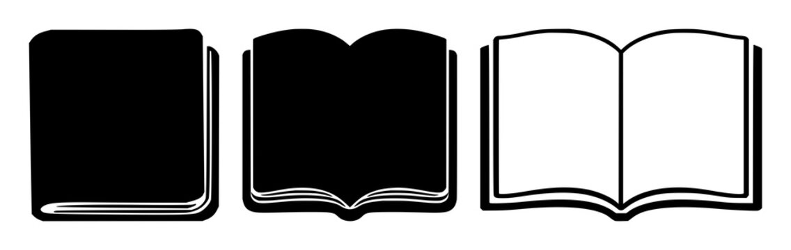 Solid black icon, white background: dictionary book icon set with simple line art design featuring sketches, drawings, vector graphics with minimalist and simple illustrations