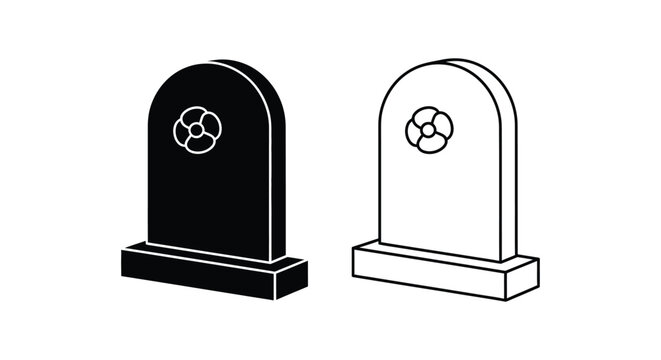 Minimalist tombstone vector icons, black and white gravestone symbols with flower detail, cemetery headstone line art for funeral and memorial design