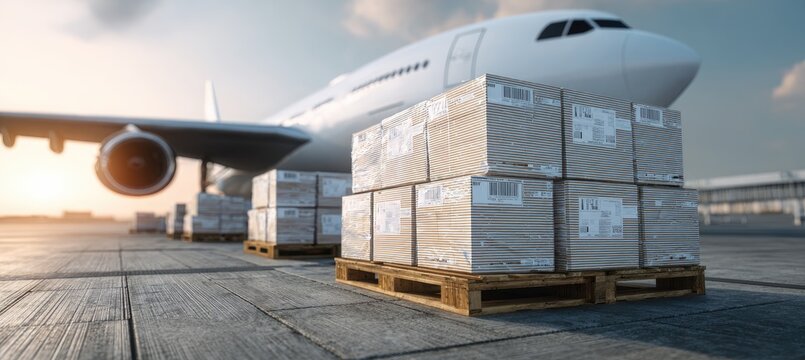 Cargo plane on tarmac with boxes loaded on pallets; sunset background, airport infrastructure