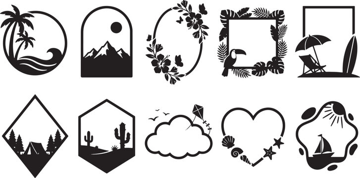 Black and white line collection of diverse and symbols including animals plants and tools line symbols