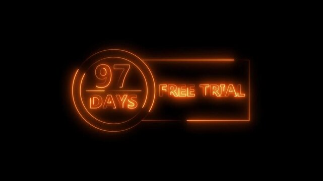 Neon bright 97 Days Free Trial Banner icon circle frame orange color animation. Business nice products 97 days free trial offer video. 