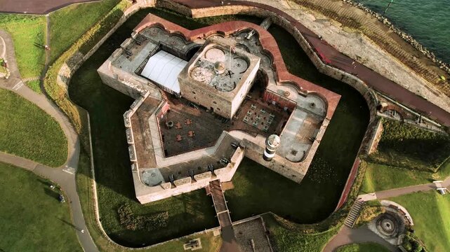 Southsea castle aerial view Birdseye over the courtyard bridge and moat on the Portsmouth seafront