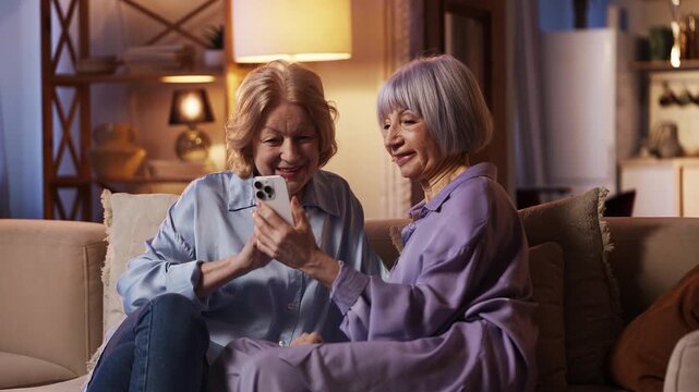 Positive senior women chatting with classmates by video call, staying connected