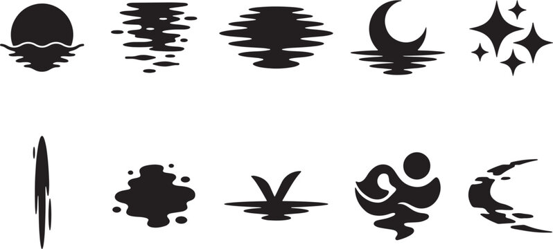 Black and white line collection of various and symbols including a magnifying glass bird and crescent moon