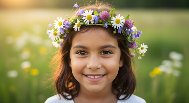 Happy young girl wearing flower crown in sunny summer meadow