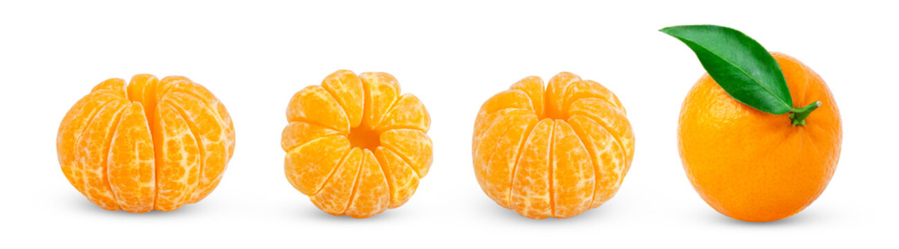 Organic ripe mandarin, tangerine or clementine fruit with green leaf and peeled mandarin or tangerine isolated set. Fresh mandarines, tangerines or clementines collection.