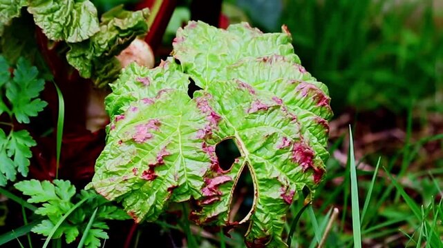 Close-up of a diseased leaf on a rhubarb plant in an English garden