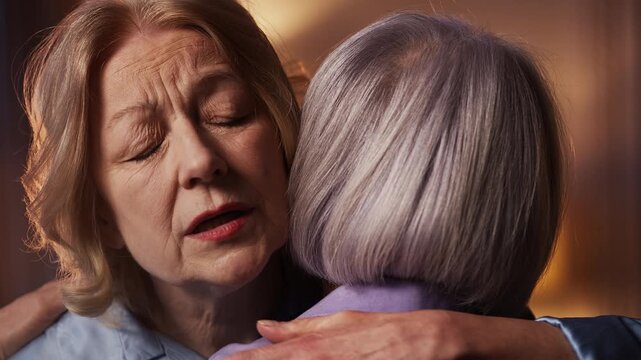 Kind older woman hugging and supporting depressed female friend, trust and care