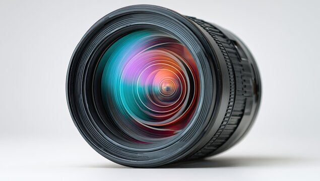 Close-up of a camera lens with colorful reflections on a white background