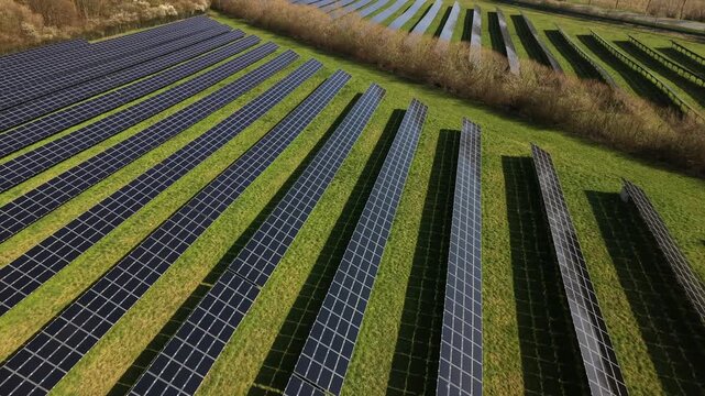Establishing drone over modern solar panel farm installed on rural grass field in countryside of United States. American suburbia during sunny day in spring season. Flyover shot.
