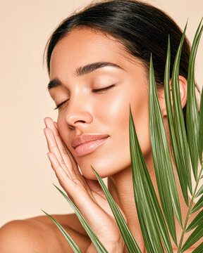 A woman with glowing skin gently touches her face, eyes closed, next to green palm leaves on a soft beige background.