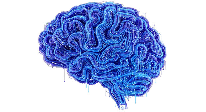 A blue brain with purple accents on a white background