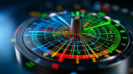 Obraz premium Electronic radar with scientific engineering and neon lights, future technology visualization concept, defocused background, with copy space