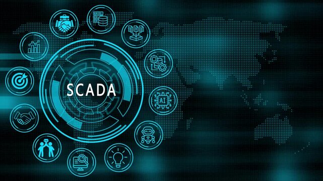 Scada concept and technology, business, internet icons on world map background . animation video.