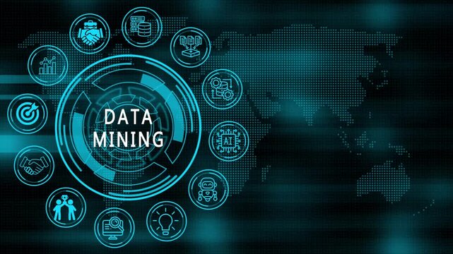 data mining concept and technology, business, internet icons on world map background . animation video.