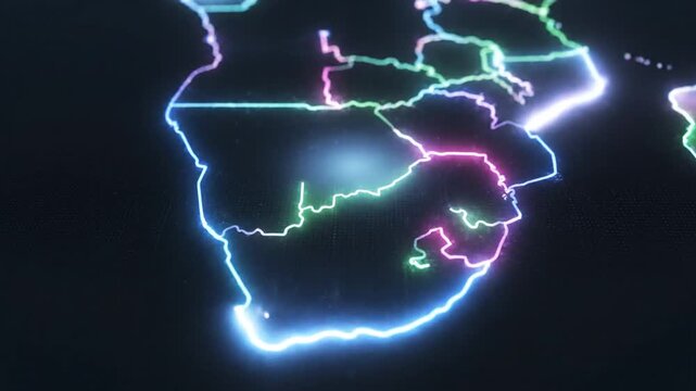 Futuristic digital map of Southern Africa highlighting country borders with colorful neon glowing lines