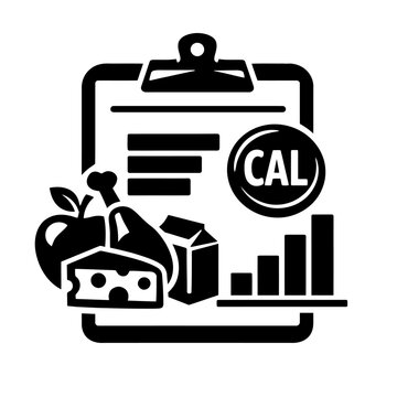 Black and white icon of a clipboard with food and nutrition information on it including calories chart and cheese apple milk