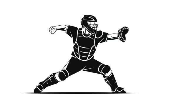 Stylized black and white illustration of a baseball catcher in full protective gear, throwing a ball during a game.