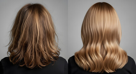Fototapeta premium Hair Transformation Before and After | Professional Salon Results for Healthy Shiny Wavy Hair | Comparison of Frizzy Messy Hair vs Smooth Polished Blonde Highlights | Hair Care Treatment Effect