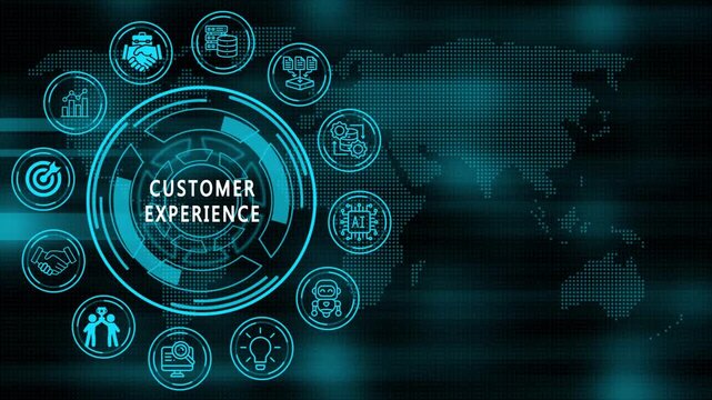 customer experiment  concept and technology, business, internet icons on world map background . animation video.