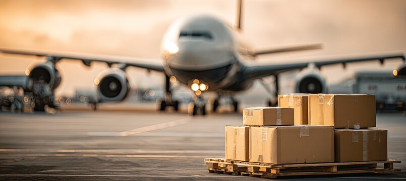 Focus on cardboard boxes stacked on a pallet, aircraft in the background blurred, and the sunset