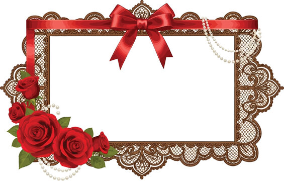 A beautiful lace frame with red roses and ribbon on a white background