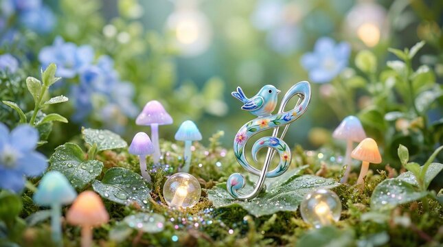 Whimsical Interlude: Enamel Bird on Musical Note Brooch in Magical Garden