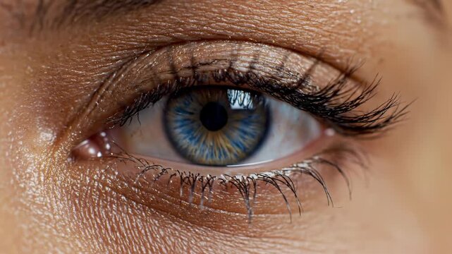 Close-up view of a human eye with blue iris and long eyelashes